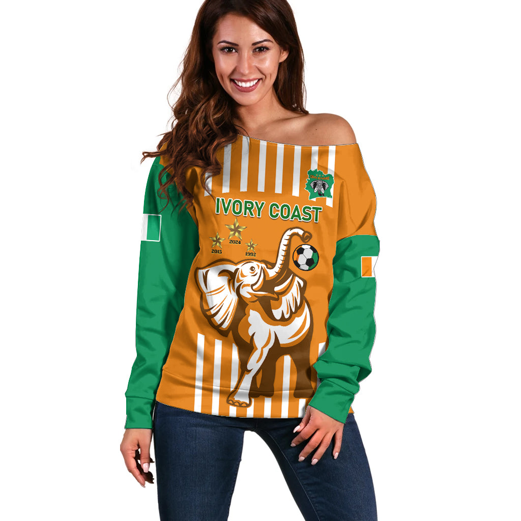 Custom Ivory Coast Football Off Shoulder Sweater Les Elephants 3rd Champions Proud - Wonder Print Shop
