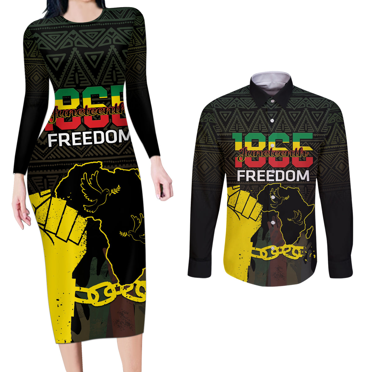Juneteenth Freedom Day Couples Matching Long Sleeve Bodycon Dress and Long Sleeve Button Shirt 1865 Black Independence African Pattern - Wonder Print Shop