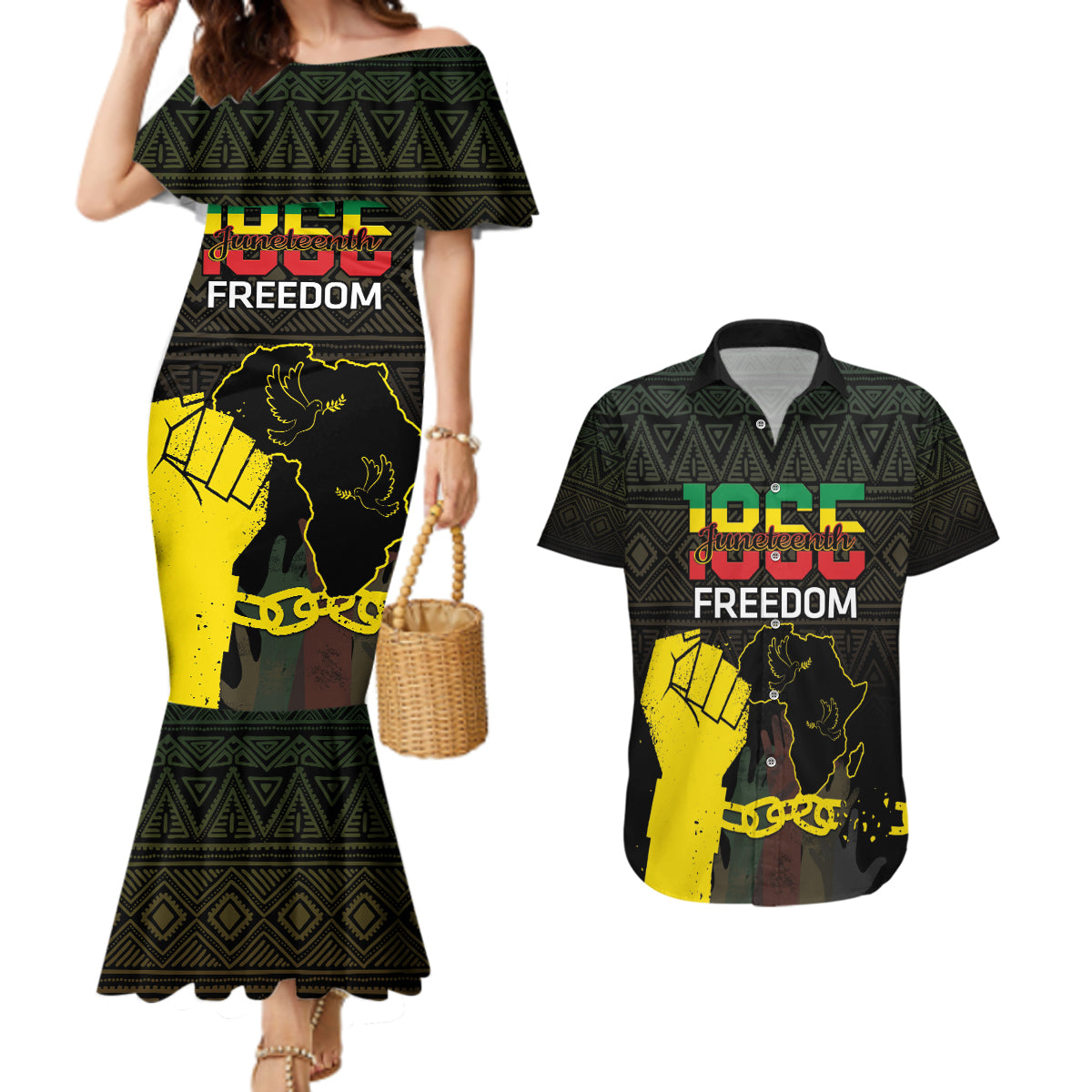Juneteenth Freedom Day Couples Matching Mermaid Dress and Hawaiian Shirt 1865 Black Independence African Pattern - Wonder Print Shop
