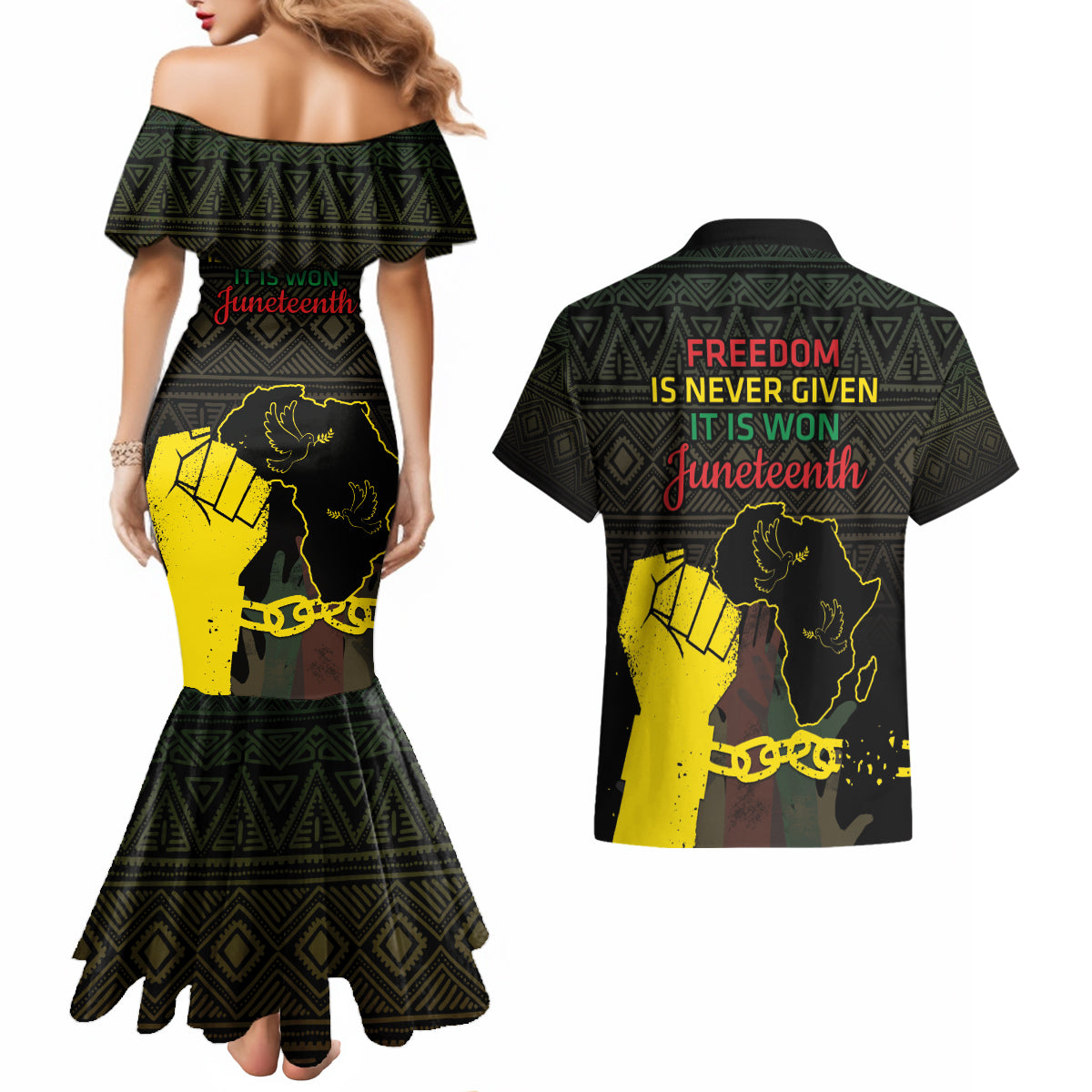 Juneteenth Freedom Day Couples Matching Mermaid Dress and Hawaiian Shirt 1865 Black Independence African Pattern - Wonder Print Shop