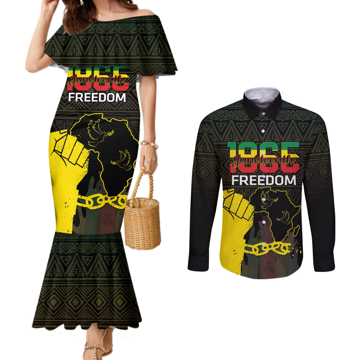 Juneteenth Freedom Day Couples Matching Mermaid Dress and Long Sleeve Button Shirt 1865 Black Independence African Pattern