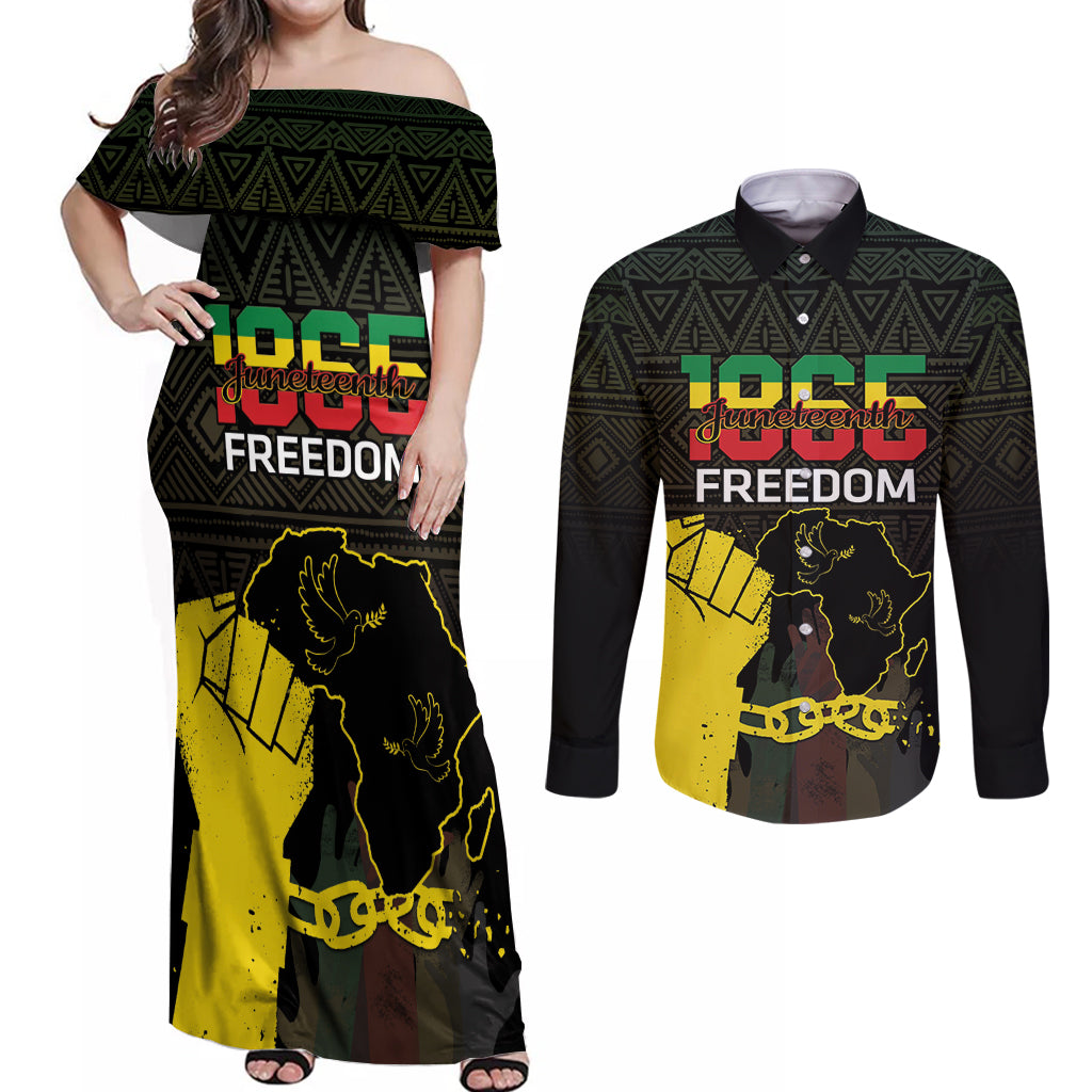 Juneteenth Freedom Day Couples Matching Off Shoulder Maxi Dress and Long Sleeve Button Shirt 1865 Black Independence African Pattern - Wonder Print Shop