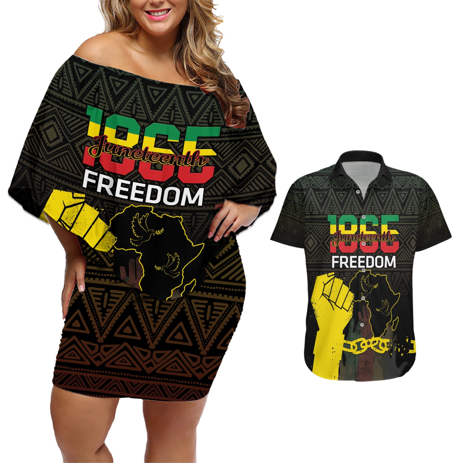 Juneteenth Freedom Day Couples Matching Off Shoulder Short Dress and Hawaiian Shirt 1865 Black Independence African Pattern - Wonder Print Shop