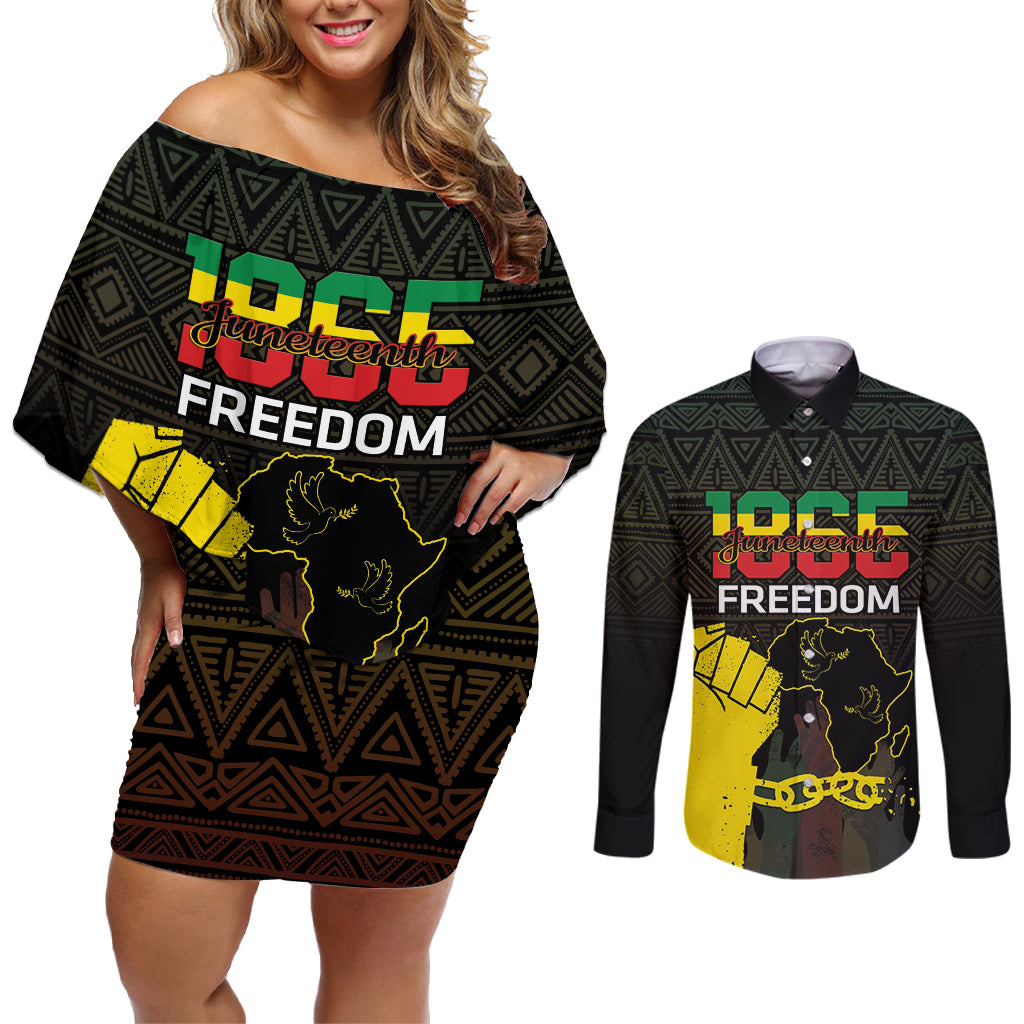 Juneteenth Freedom Day Couples Matching Off Shoulder Short Dress and Long Sleeve Button Shirt 1865 Black Independence African Pattern - Wonder Print Shop