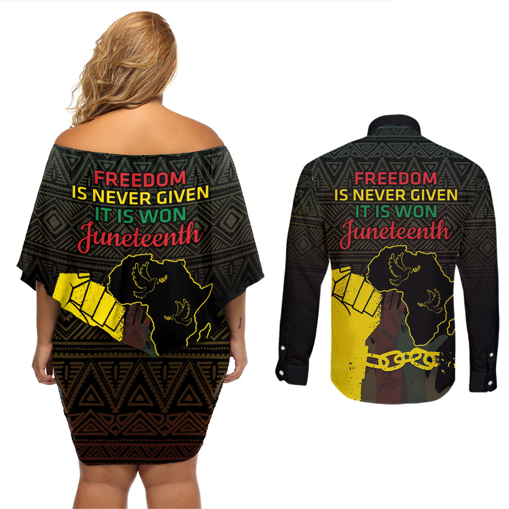 Juneteenth Freedom Day Couples Matching Off Shoulder Short Dress and Long Sleeve Button Shirt 1865 Black Independence African Pattern - Wonder Print Shop