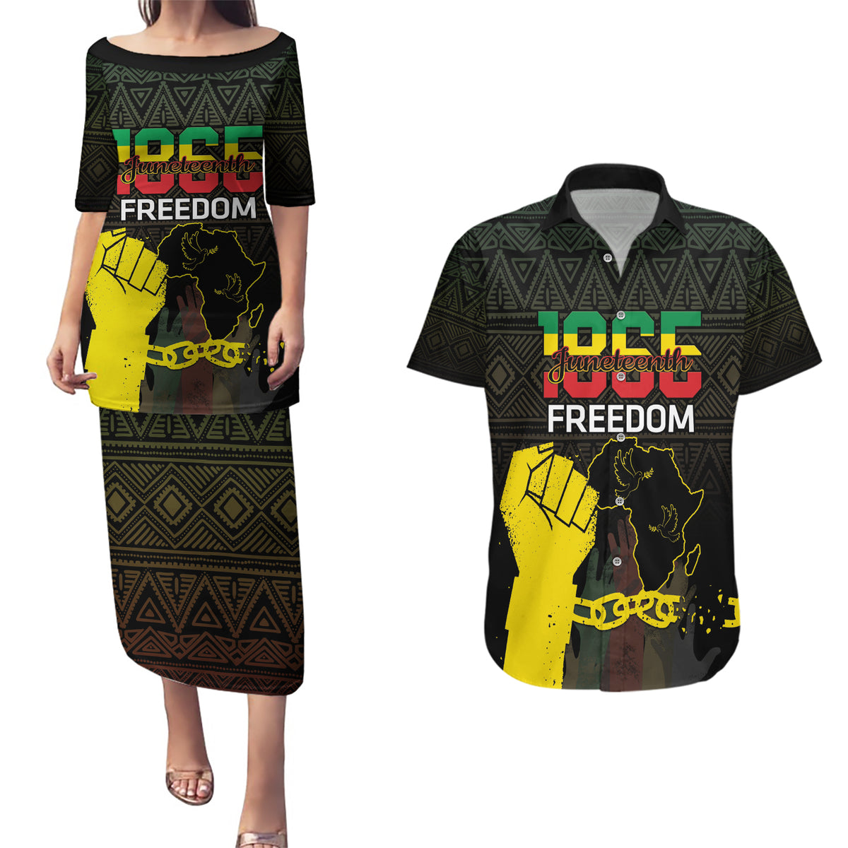 Juneteenth Freedom Day Couples Matching Puletasi and Hawaiian Shirt 1865 Black Independence African Pattern - Wonder Print Shop