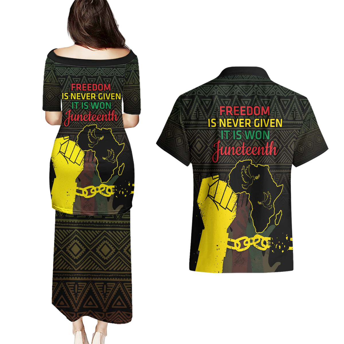 Juneteenth Freedom Day Couples Matching Puletasi and Hawaiian Shirt 1865 Black Independence African Pattern - Wonder Print Shop