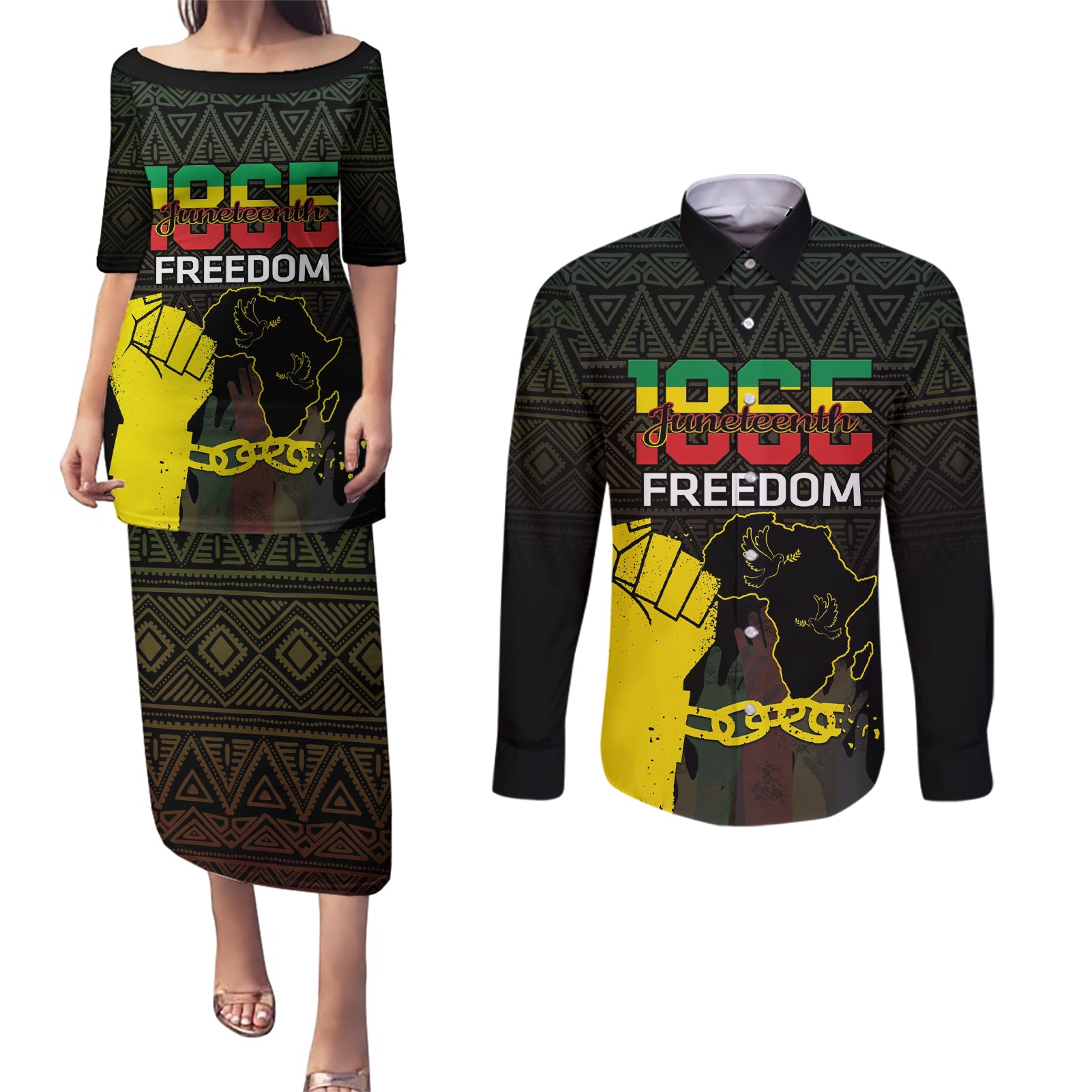 Juneteenth Freedom Day Couples Matching Puletasi and Long Sleeve Button Shirt 1865 Black Independence African Pattern - Wonder Print Shop