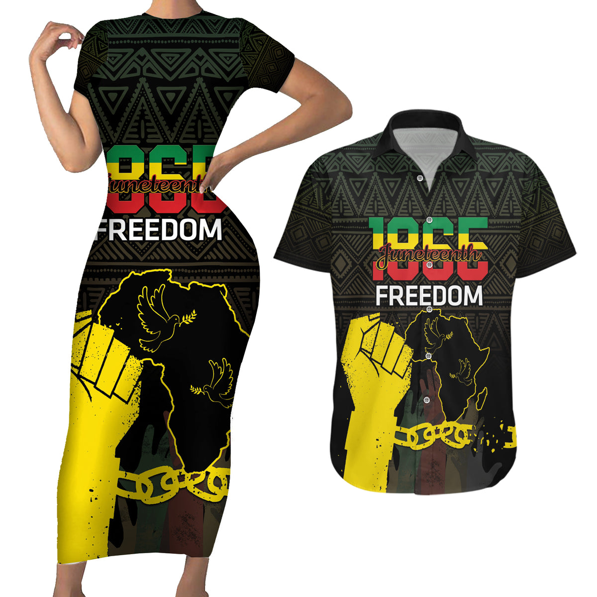 Juneteenth Freedom Day Couples Matching Short Sleeve Bodycon Dress and Hawaiian Shirt 1865 Black Independence African Pattern - Wonder Print Shop