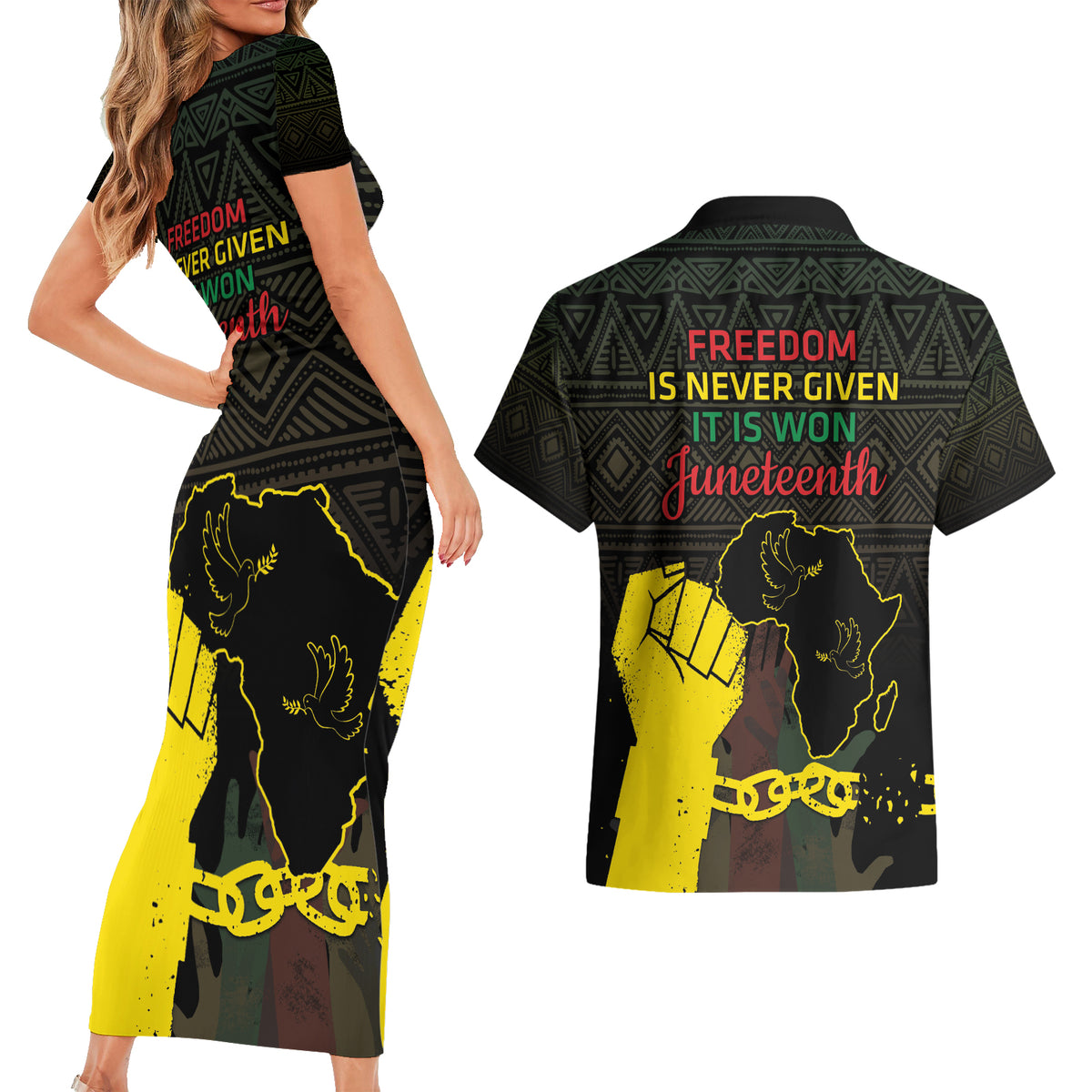 Juneteenth Freedom Day Couples Matching Short Sleeve Bodycon Dress and Hawaiian Shirt 1865 Black Independence African Pattern - Wonder Print Shop