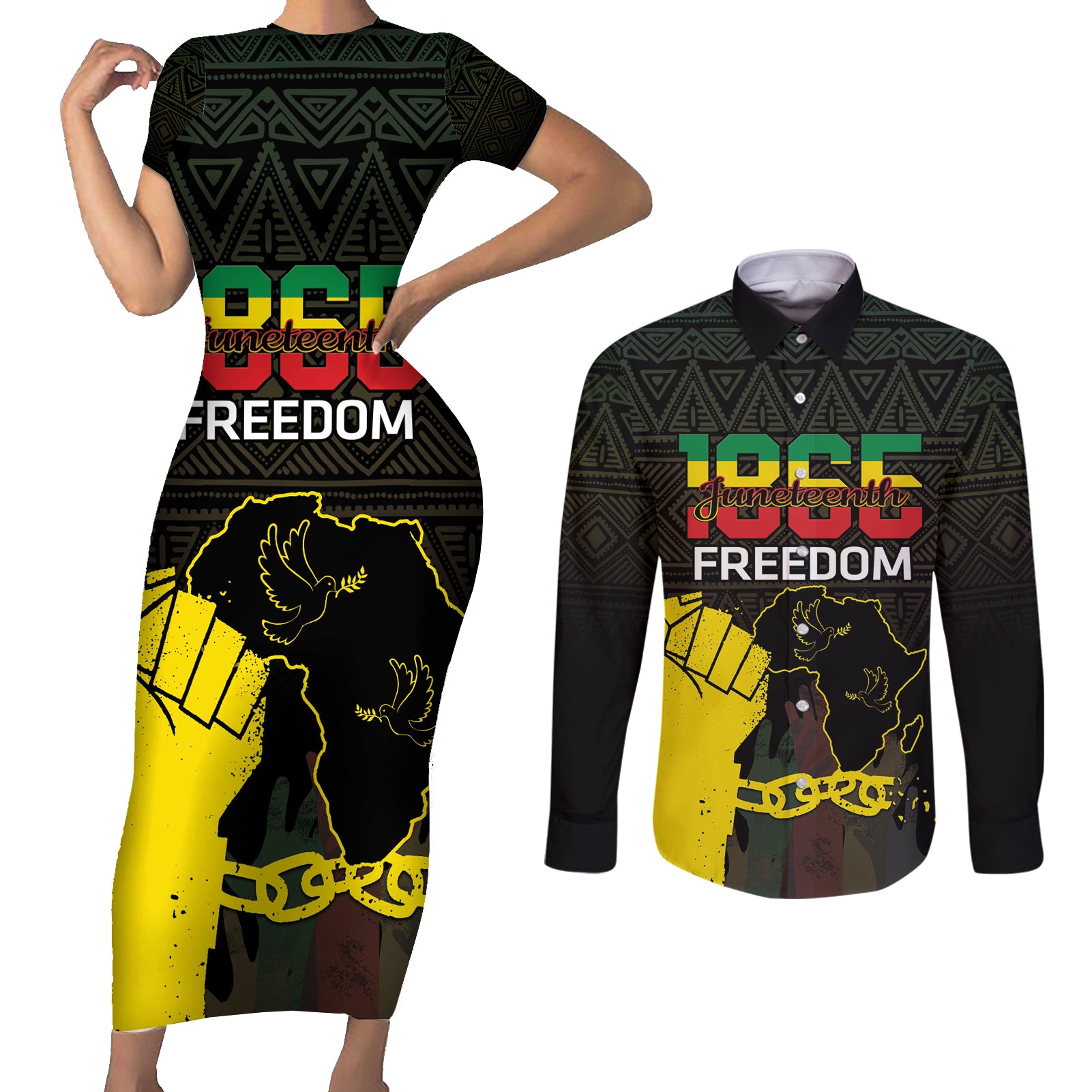Juneteenth Freedom Day Couples Matching Short Sleeve Bodycon Dress and Long Sleeve Button Shirt 1865 Black Independence African Pattern - Wonder Print Shop