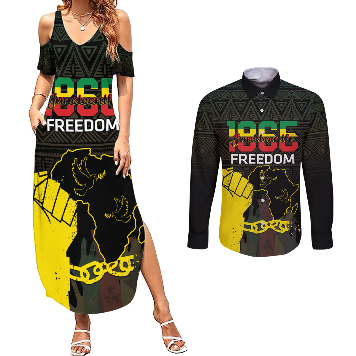 Juneteenth Freedom Day Couples Matching Summer Maxi Dress and Long Sleeve Button Shirt 1865 Black Independence African Pattern - Wonder Print Shop
