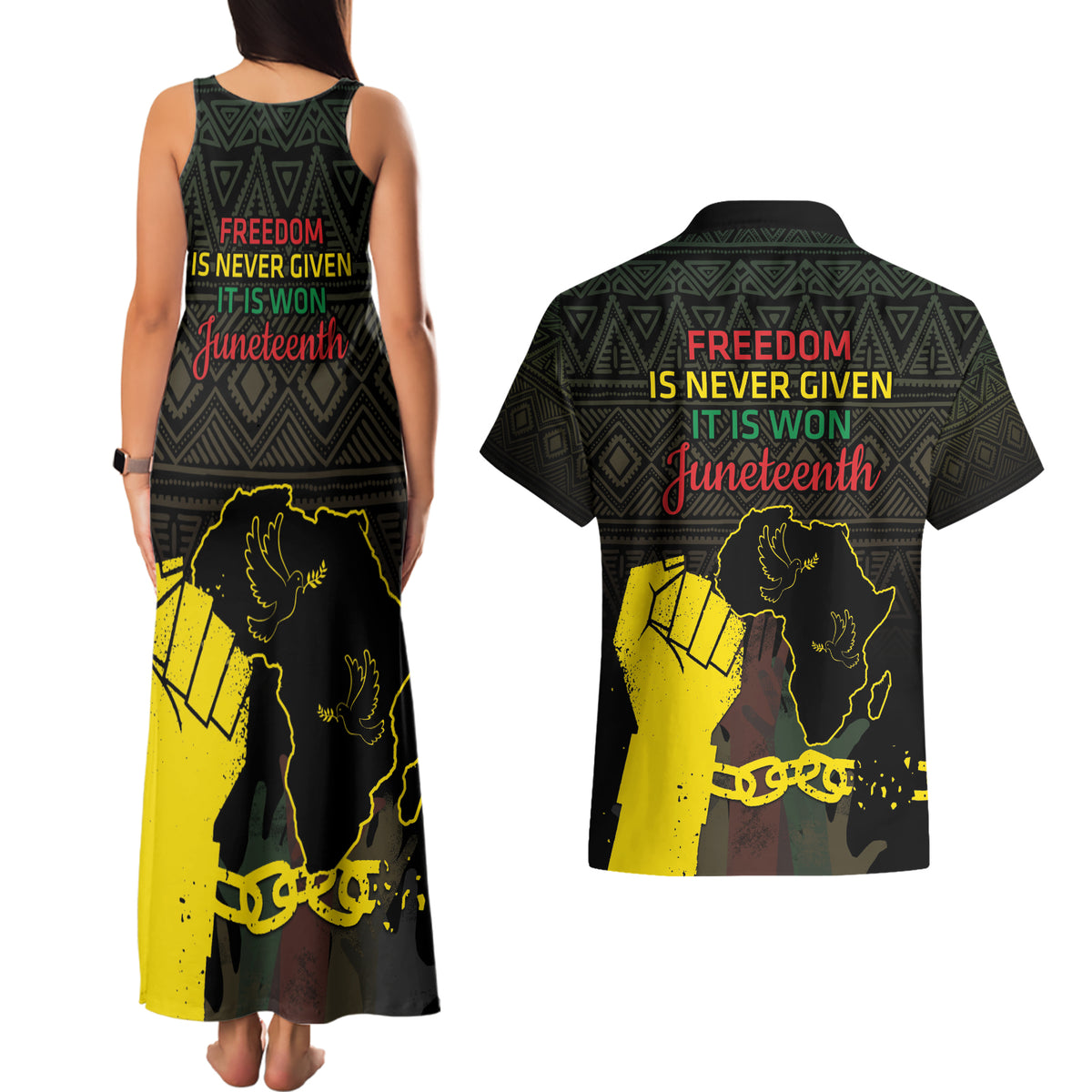 Juneteenth Freedom Day Couples Matching Tank Maxi Dress and Hawaiian Shirt 1865 Black Independence African Pattern - Wonder Print Shop