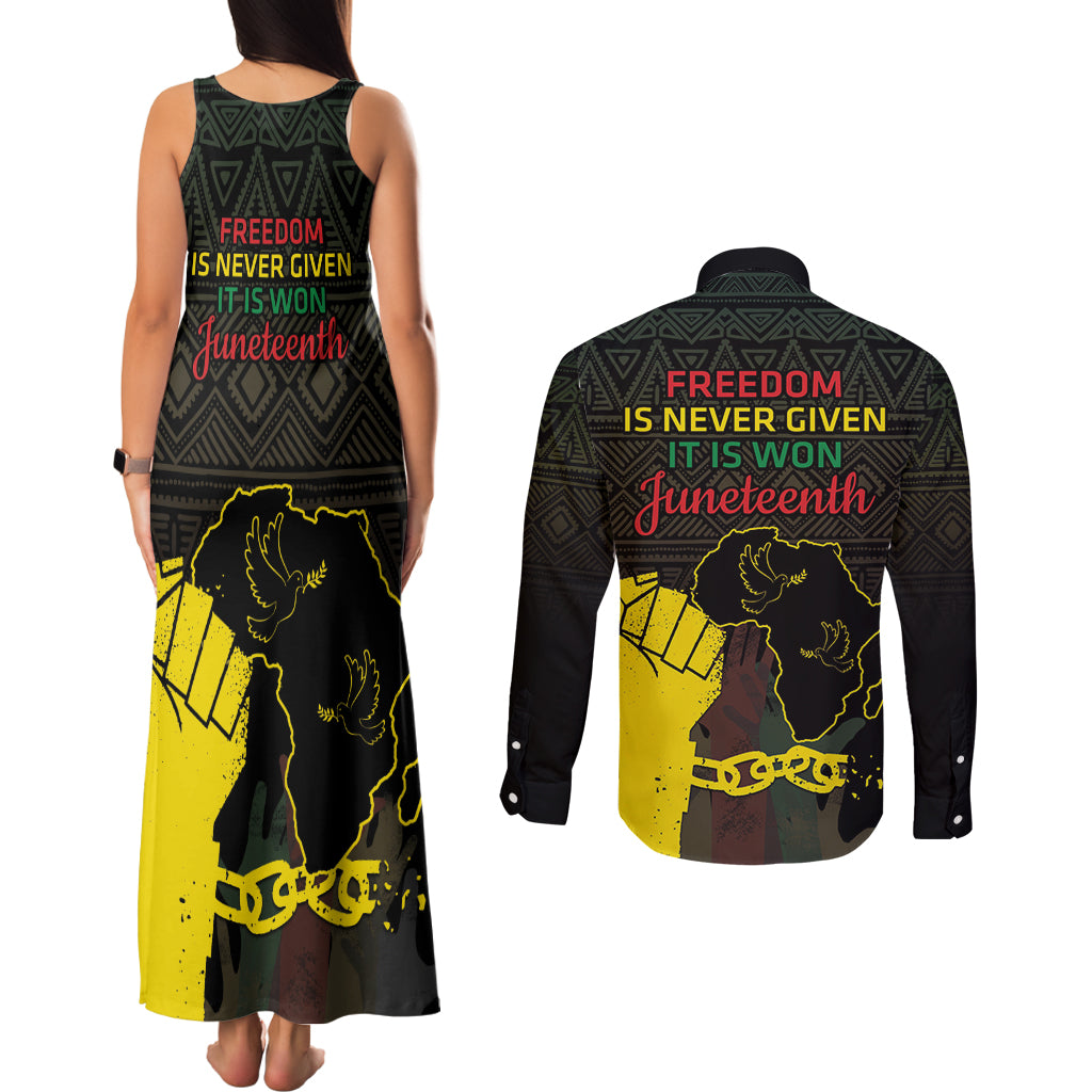Juneteenth Freedom Day Couples Matching Tank Maxi Dress and Long Sleeve Button Shirt 1865 Black Independence African Pattern - Wonder Print Shop
