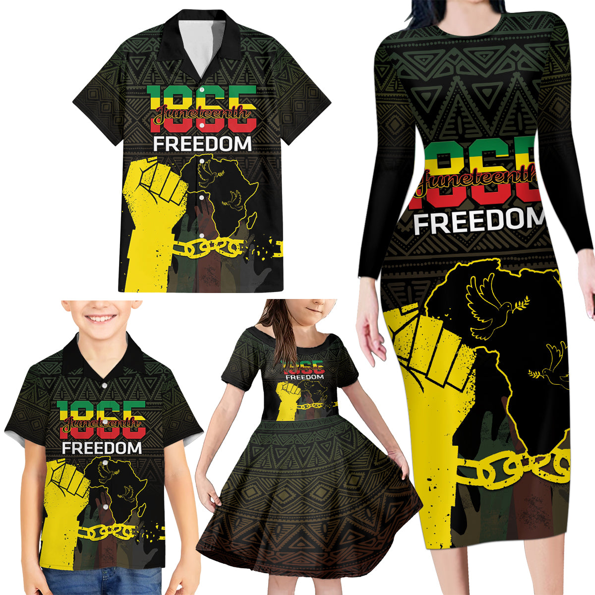 Juneteenth Freedom Day Family Matching Long Sleeve Bodycon Dress and Hawaiian Shirt 1865 Black Independence African Pattern - Wonder Print Shop