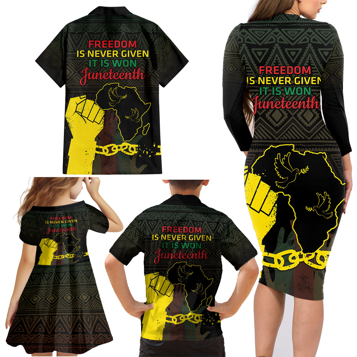 Juneteenth Freedom Day Family Matching Long Sleeve Bodycon Dress and Hawaiian Shirt 1865 Black Independence African Pattern - Wonder Print Shop