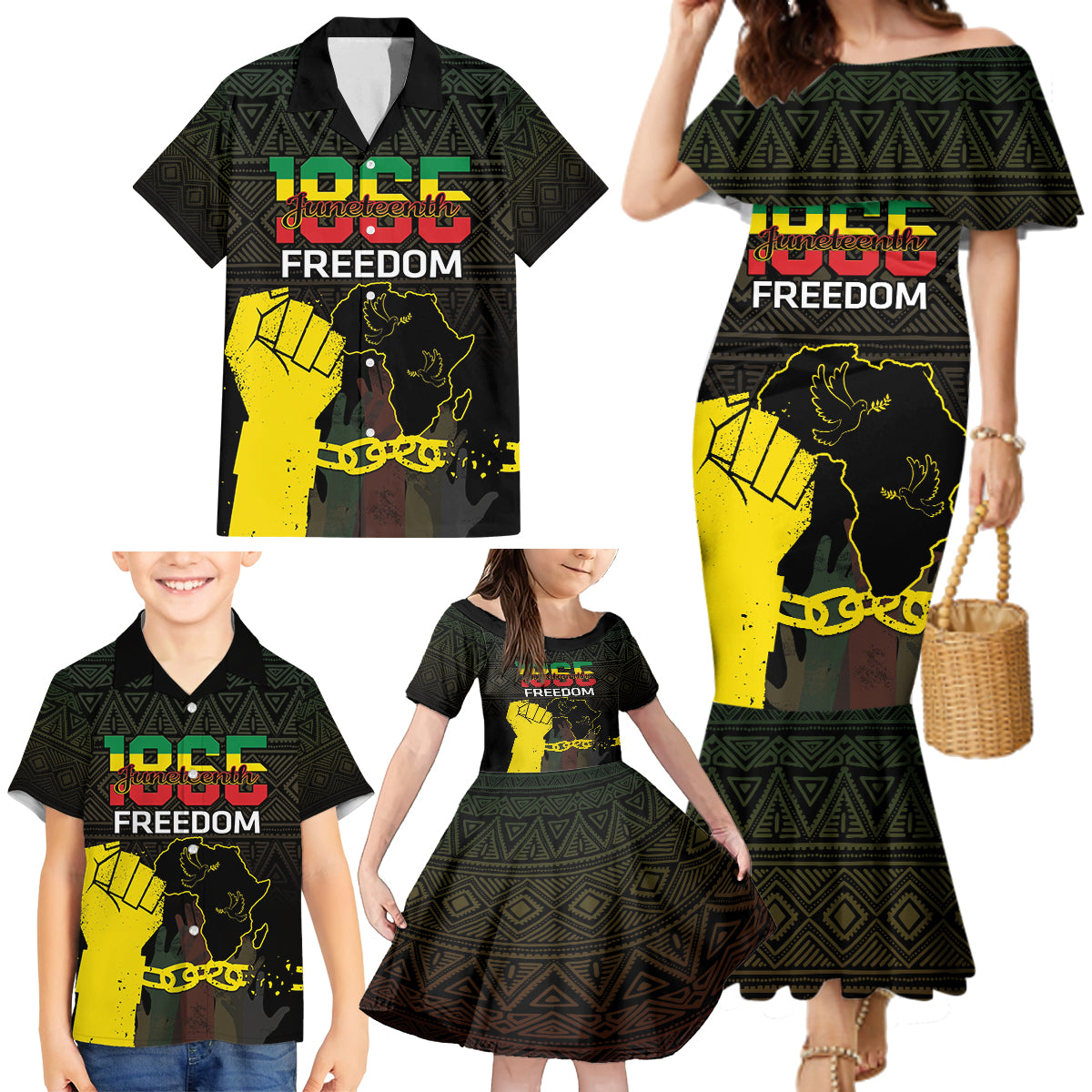 Juneteenth Freedom Day Family Matching Mermaid Dress and Hawaiian Shirt 1865 Black Independence African Pattern - Wonder Print Shop