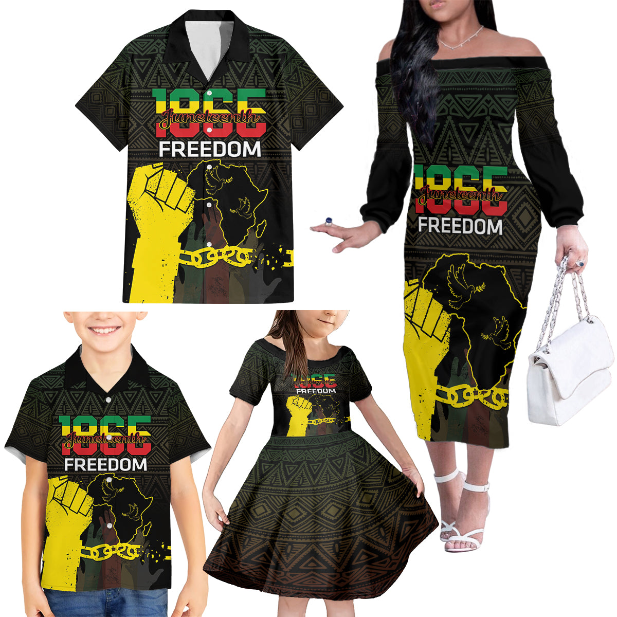 Juneteenth Freedom Day Family Matching Off The Shoulder Long Sleeve Dress and Hawaiian Shirt 1865 Black Independence African Pattern - Wonder Print Shop