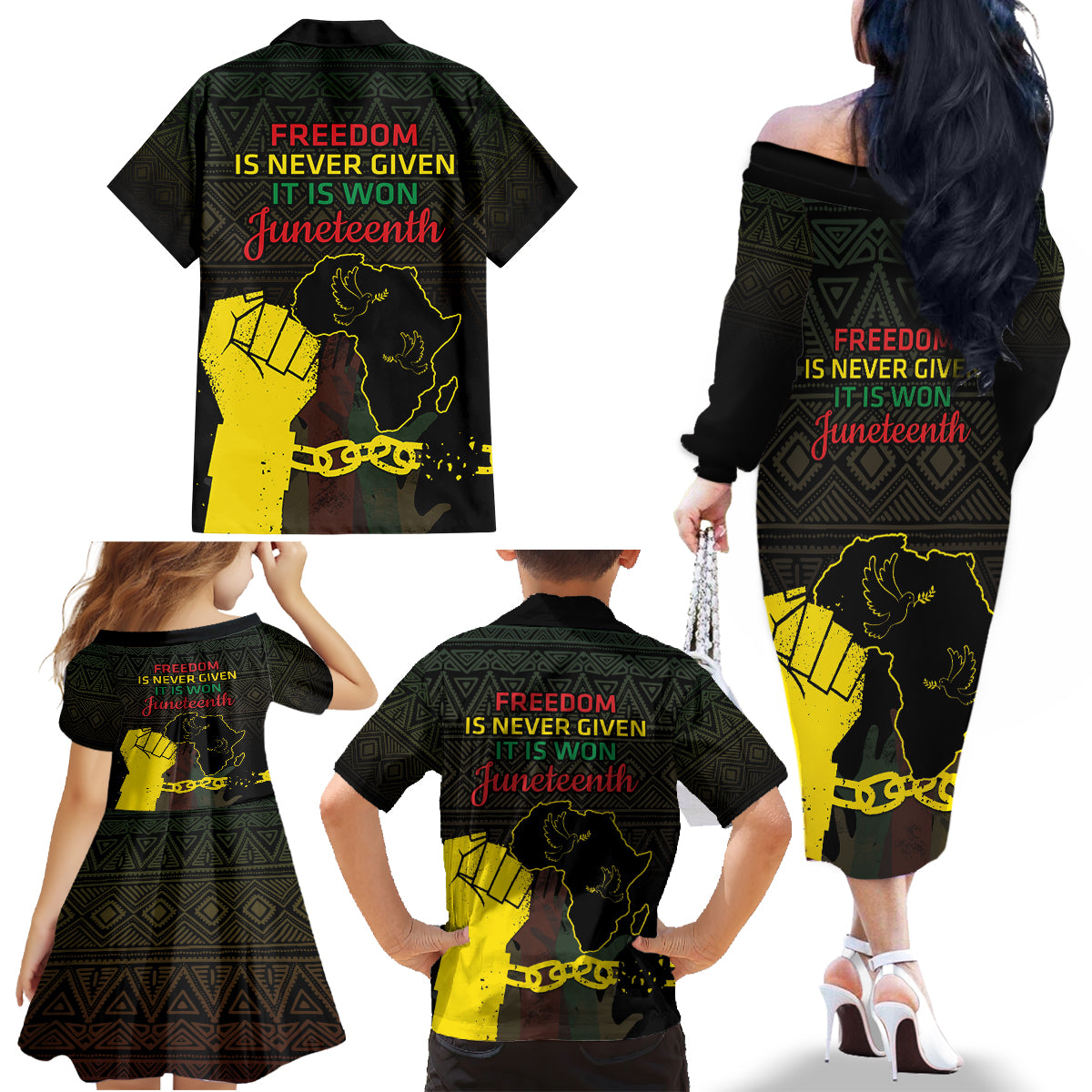 Juneteenth Freedom Day Family Matching Off The Shoulder Long Sleeve Dress and Hawaiian Shirt 1865 Black Independence African Pattern - Wonder Print Shop
