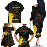 Juneteenth Freedom Day Family Matching Off The Shoulder Long Sleeve Dress and Hawaiian Shirt 1865 Black Independence African Pattern - Wonder Print Shop