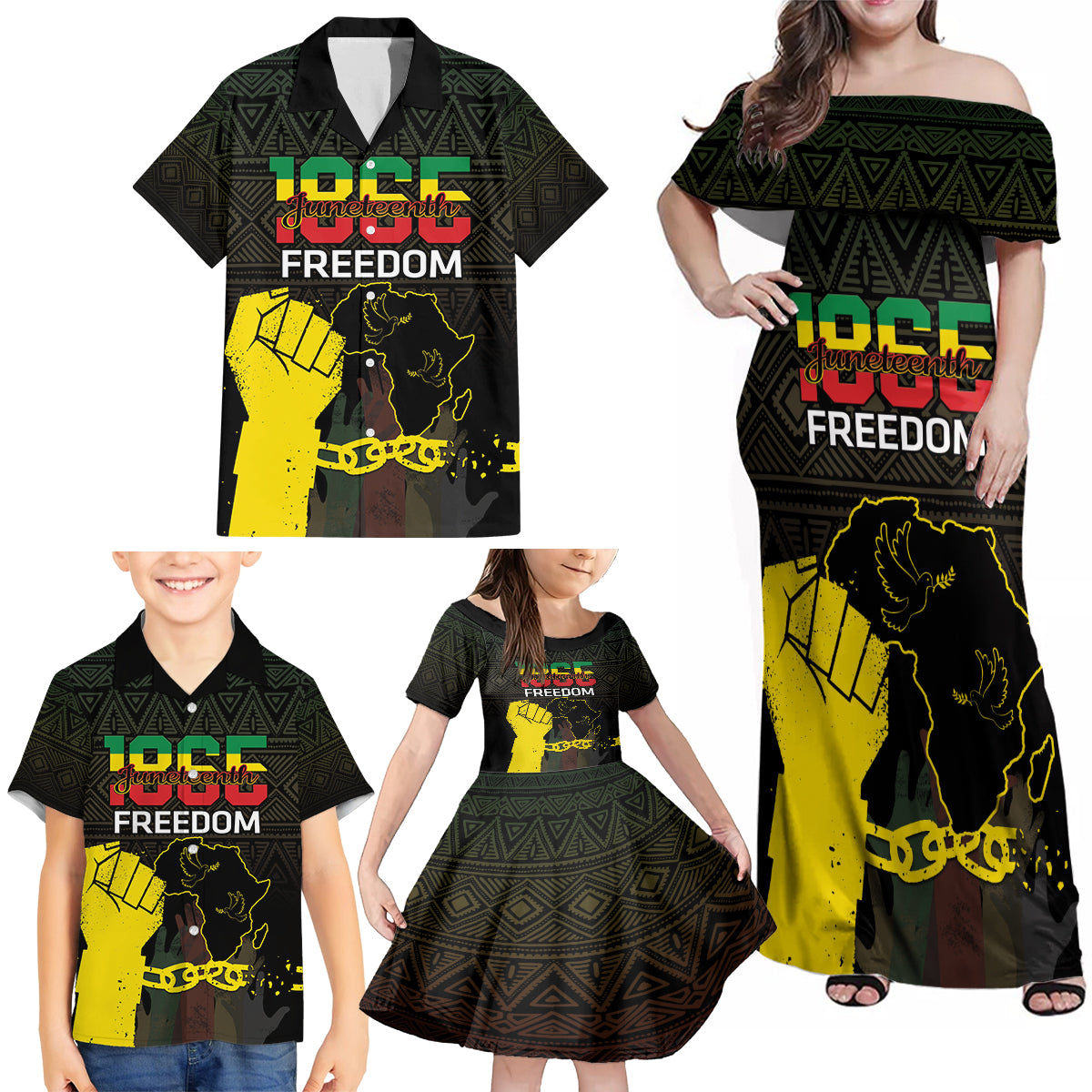 Juneteenth Freedom Day Family Matching Off Shoulder Maxi Dress and Hawaiian Shirt 1865 Black Independence African Pattern - Wonder Print Shop