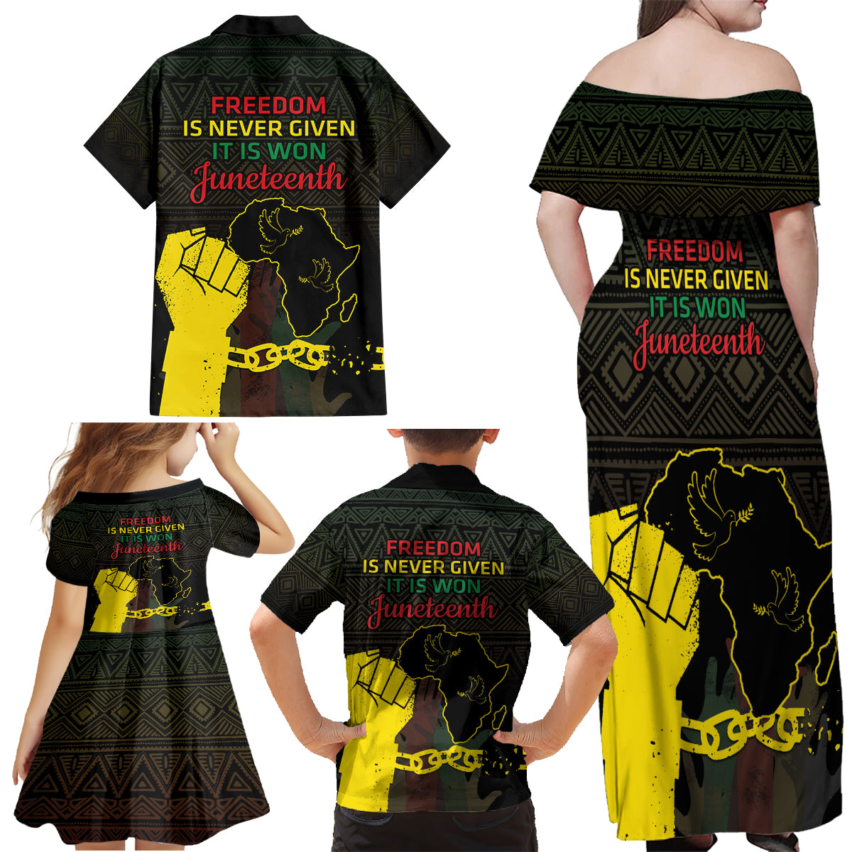 Juneteenth Freedom Day Family Matching Off Shoulder Maxi Dress and Hawaiian Shirt 1865 Black Independence African Pattern - Wonder Print Shop