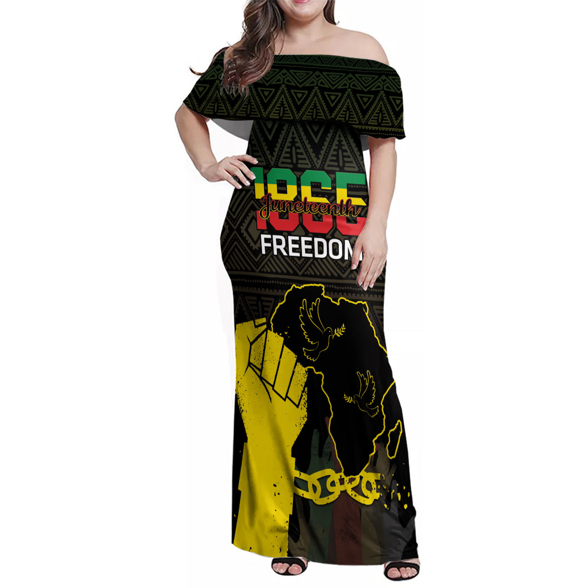 Juneteenth Freedom Day Family Matching Off Shoulder Maxi Dress and Hawaiian Shirt 1865 Black Independence African Pattern - Wonder Print Shop