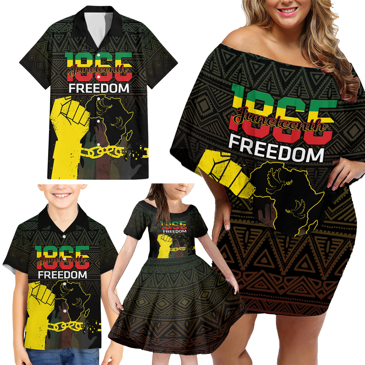 Juneteenth Freedom Day Family Matching Off Shoulder Short Dress and Hawaiian Shirt 1865 Black Independence African Pattern - Wonder Print Shop