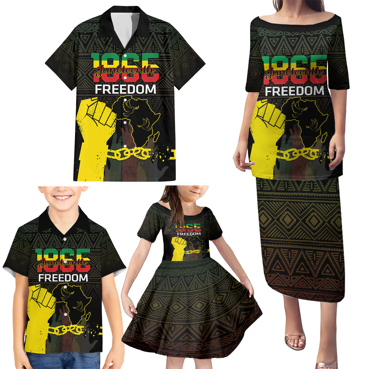 Juneteenth Freedom Day Family Matching Puletasi and Hawaiian Shirt 1865 Black Independence African Pattern - Wonder Print Shop