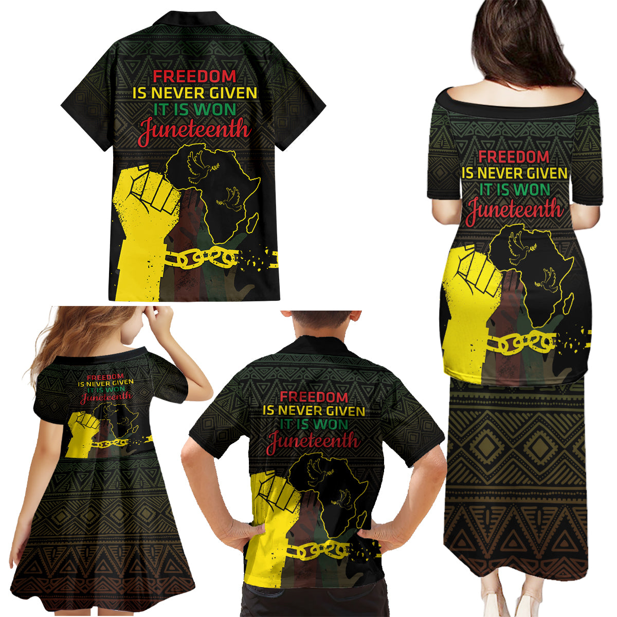 Juneteenth Freedom Day Family Matching Puletasi and Hawaiian Shirt 1865 Black Independence African Pattern - Wonder Print Shop