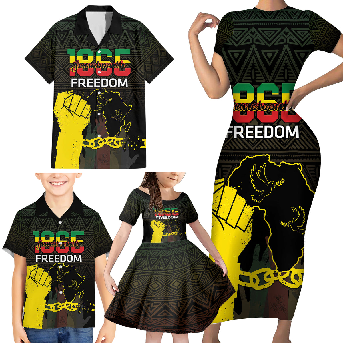 Juneteenth Freedom Day Family Matching Short Sleeve Bodycon Dress and Hawaiian Shirt 1865 Black Independence African Pattern - Wonder Print Shop