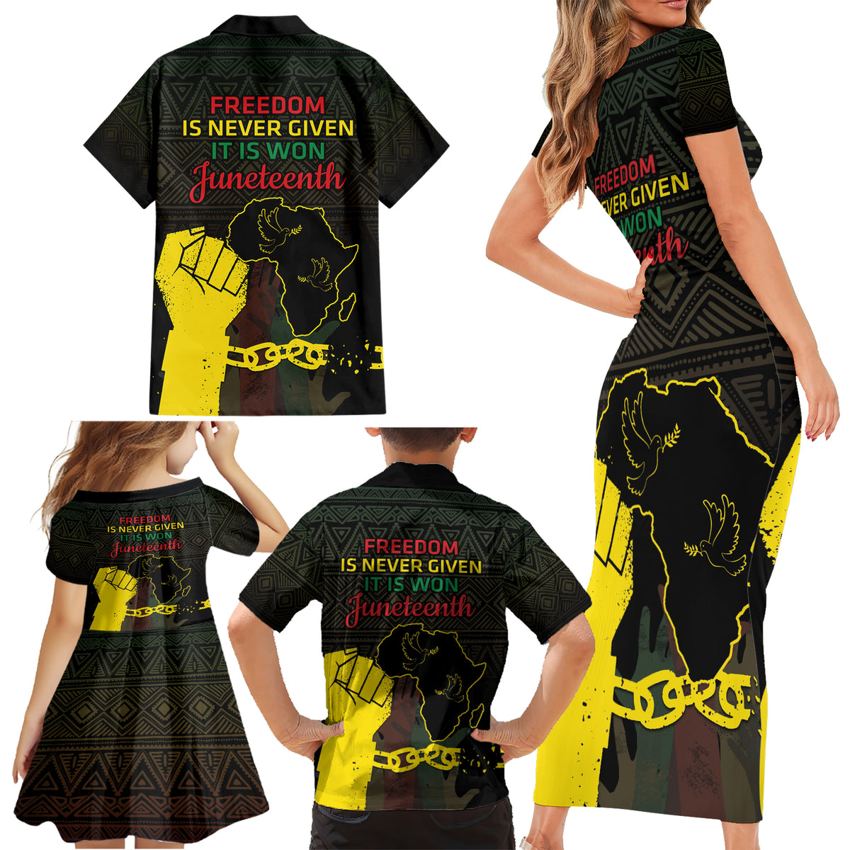Juneteenth Freedom Day Family Matching Short Sleeve Bodycon Dress and Hawaiian Shirt 1865 Black Independence African Pattern - Wonder Print Shop