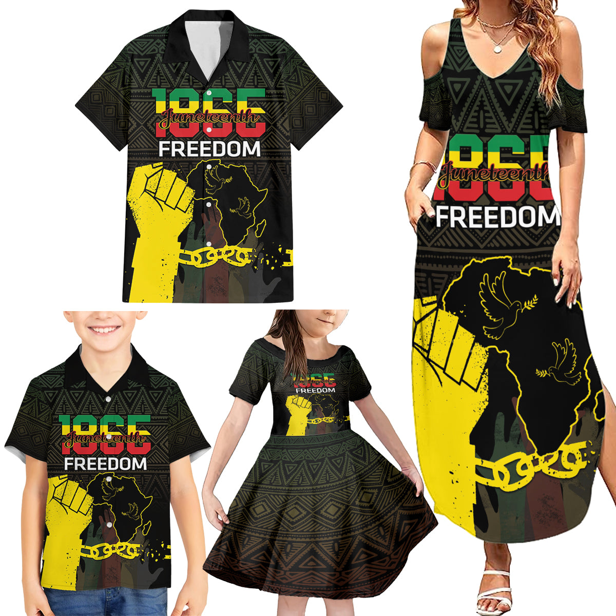 Juneteenth Freedom Day Family Matching Summer Maxi Dress and Hawaiian Shirt 1865 Black Independence African Pattern - Wonder Print Shop