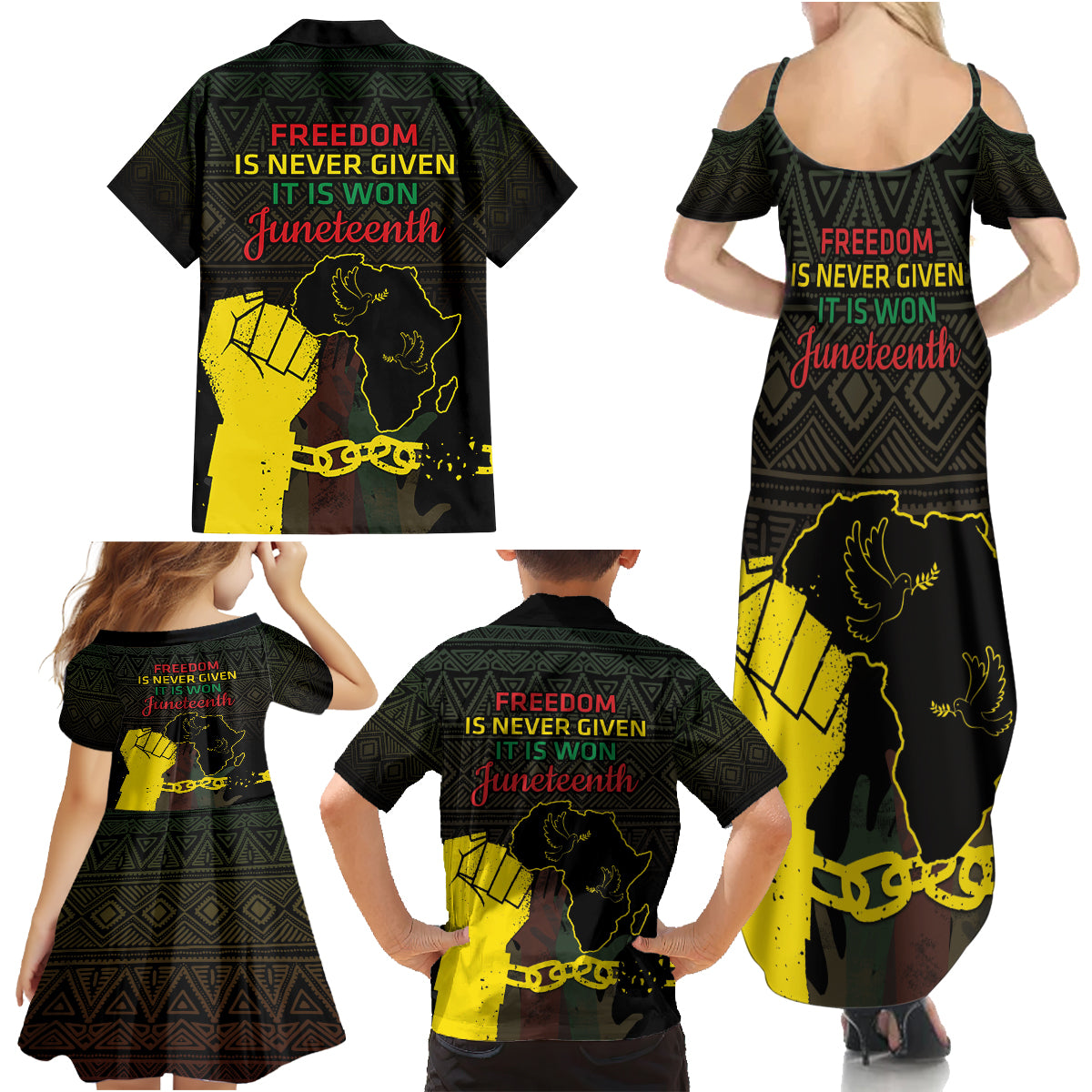 Juneteenth Freedom Day Family Matching Summer Maxi Dress and Hawaiian Shirt 1865 Black Independence African Pattern - Wonder Print Shop