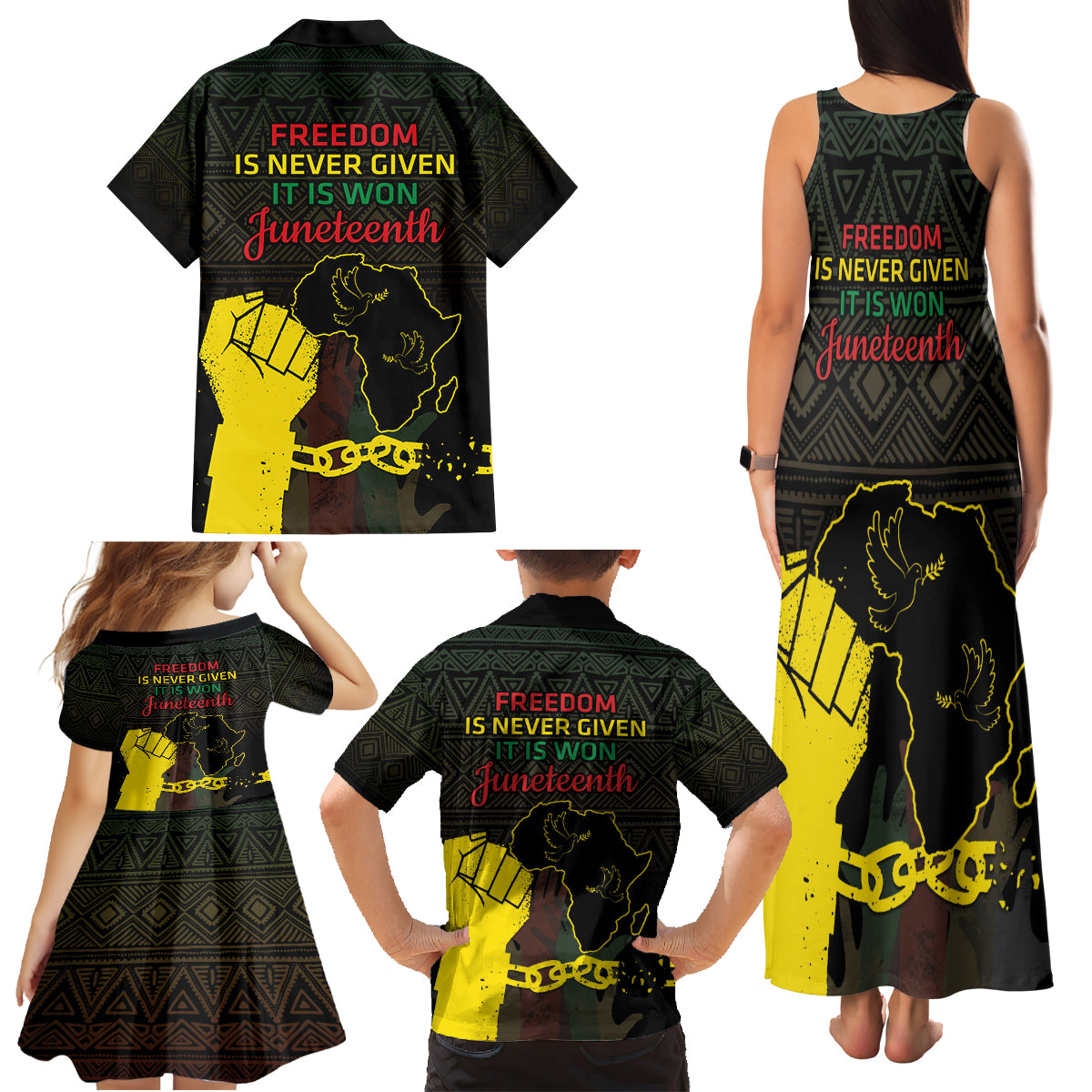 Juneteenth Freedom Day Family Matching Tank Maxi Dress and Hawaiian Shirt 1865 Black Independence African Pattern - Wonder Print Shop