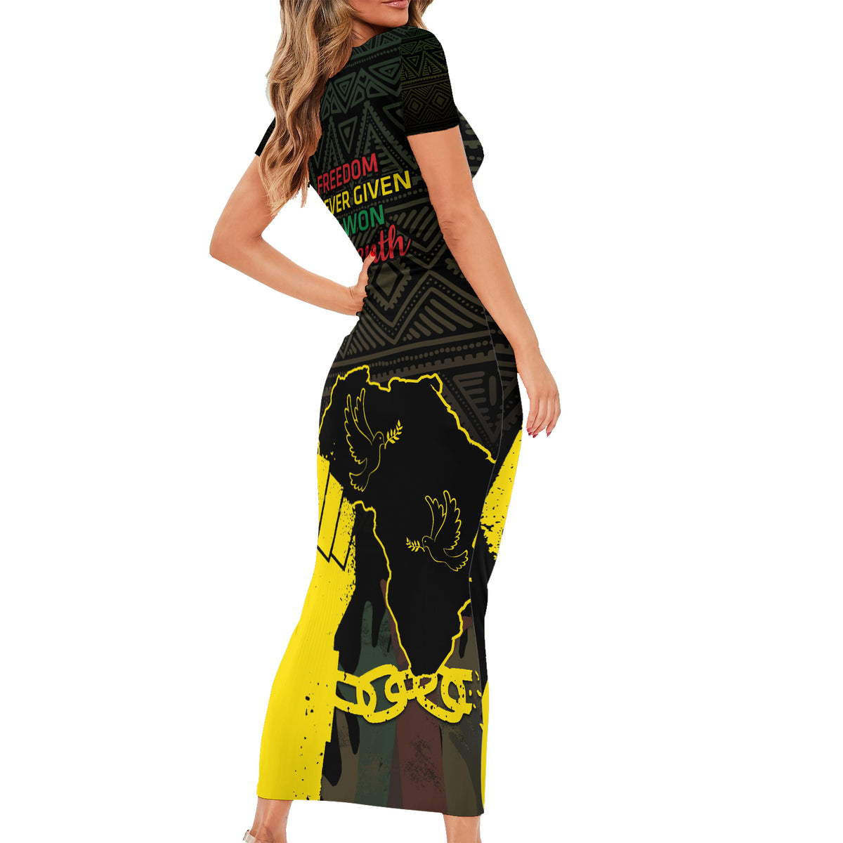 Juneteenth Freedom Day Short Sleeve Bodycon Dress 1865 Black Independence African Pattern - Wonder Print Shop