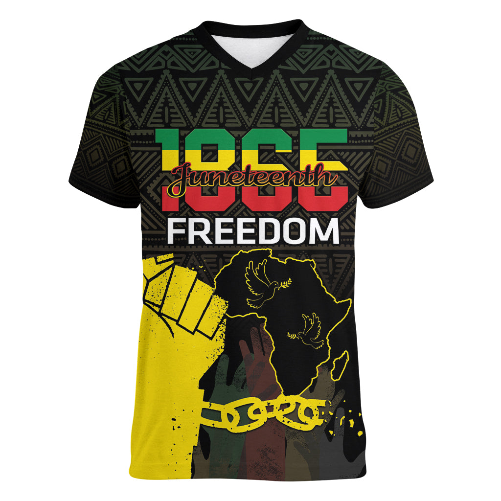 Juneteenth Freedom Day Women V-Neck T-Shirt 1865 Black Independence African Pattern - Wonder Print Shop