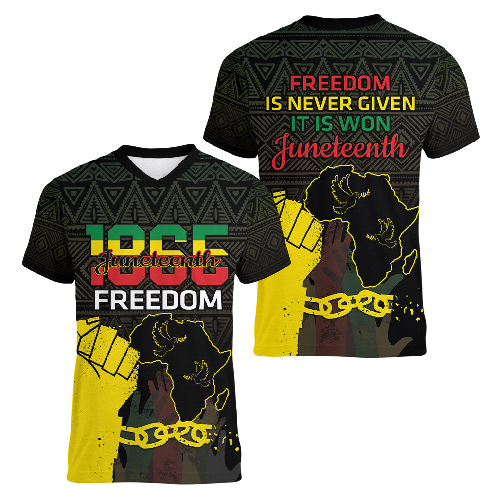 Juneteenth Freedom Day Women V-Neck T-Shirt 1865 Black Independence African Pattern - Wonder Print Shop