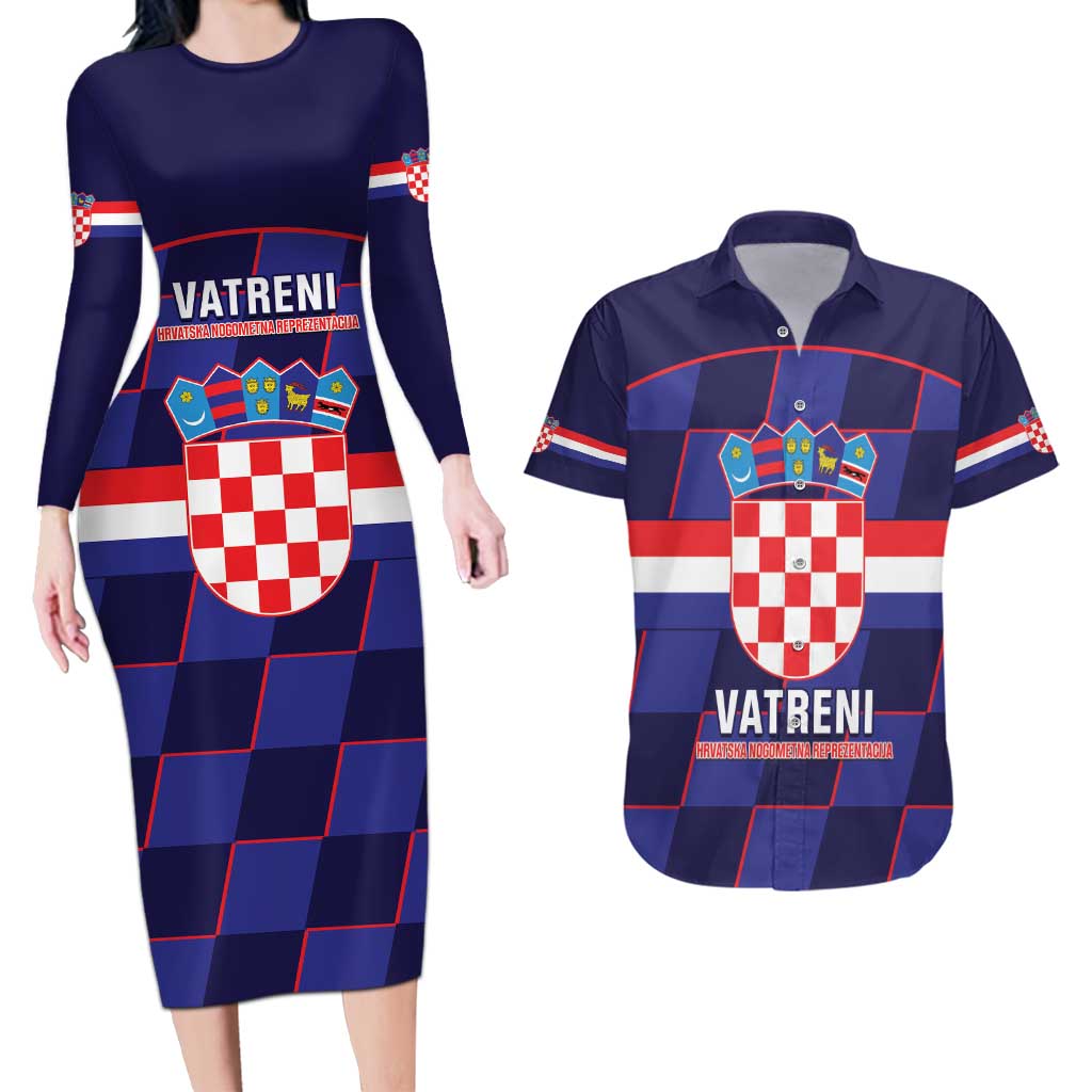 Custom Croatia Football Couples Matching Long Sleeve Bodycon Dress and Hawaiian Shirt Come On Vatreni Checkerboard Style