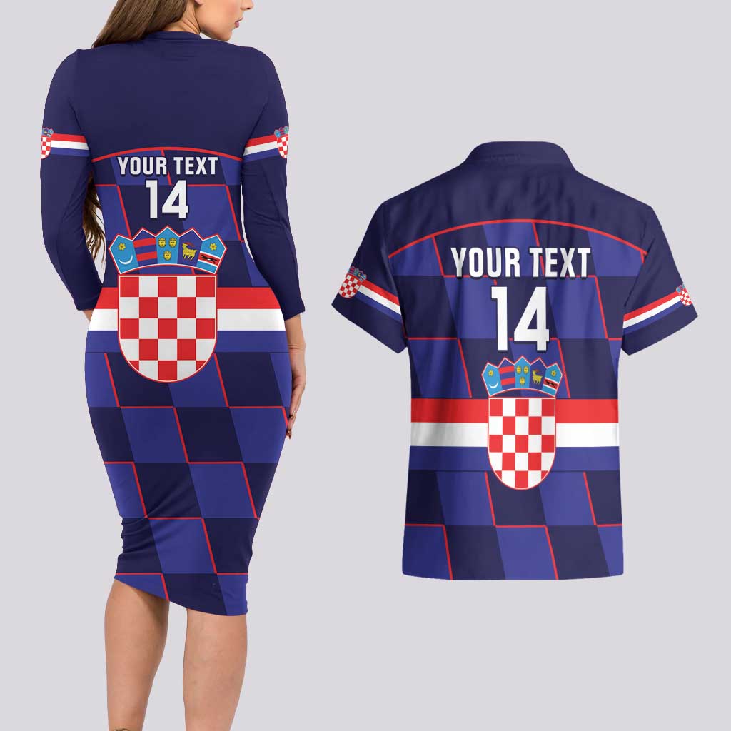 Custom Croatia Football Couples Matching Long Sleeve Bodycon Dress and Hawaiian Shirt Come On Vatreni Checkerboard Style