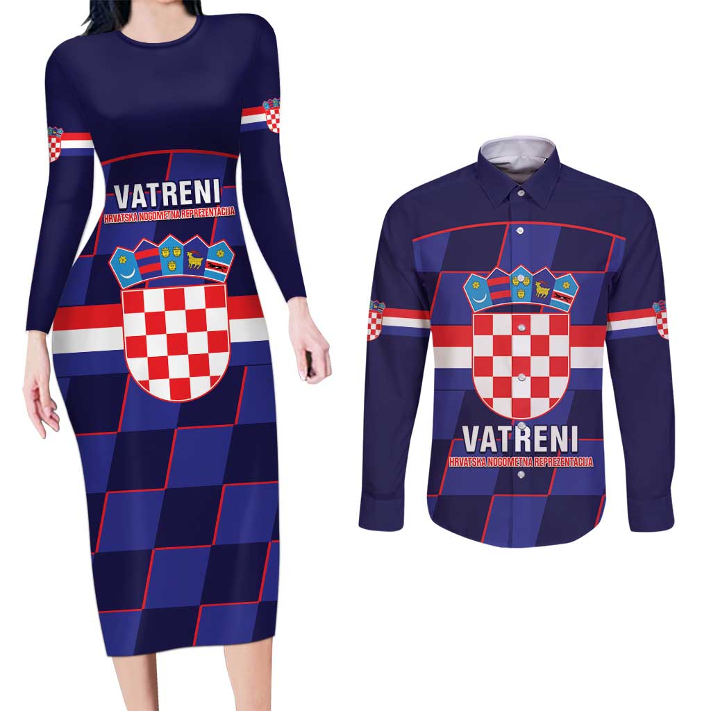 Custom Croatia Football Couples Matching Long Sleeve Bodycon Dress and Long Sleeve Button Shirt Come On Vatreni Checkerboard Style