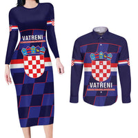 Custom Croatia Football Couples Matching Long Sleeve Bodycon Dress and Long Sleeve Button Shirt Come On Vatreni Checkerboard Style