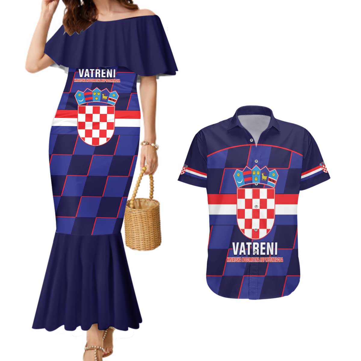 Custom Croatia Football Couples Matching Mermaid Dress and Hawaiian Shirt Come On Vatreni Checkerboard Style