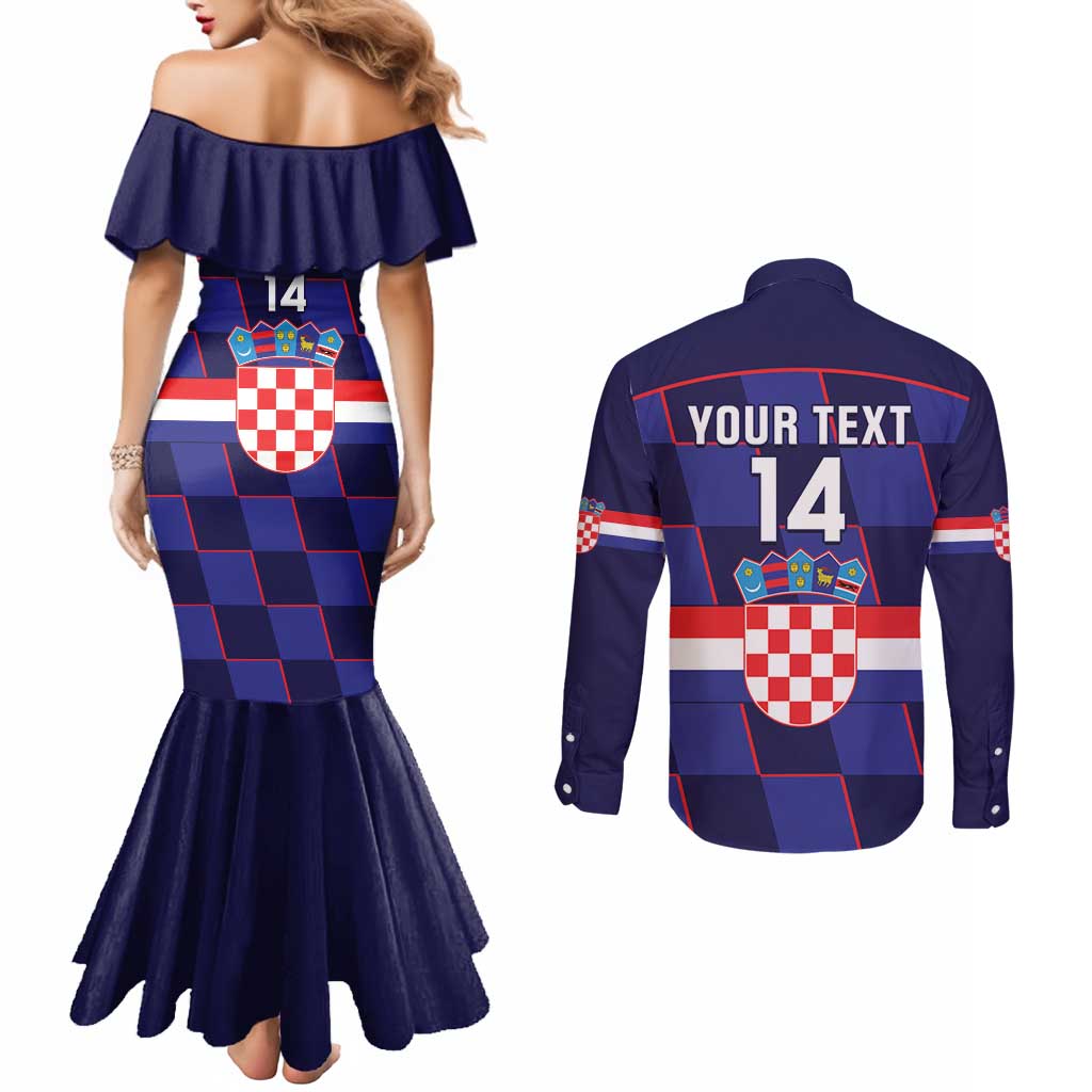Custom Croatia Football Couples Matching Mermaid Dress and Long Sleeve Button Shirt Come On Vatreni Checkerboard Style