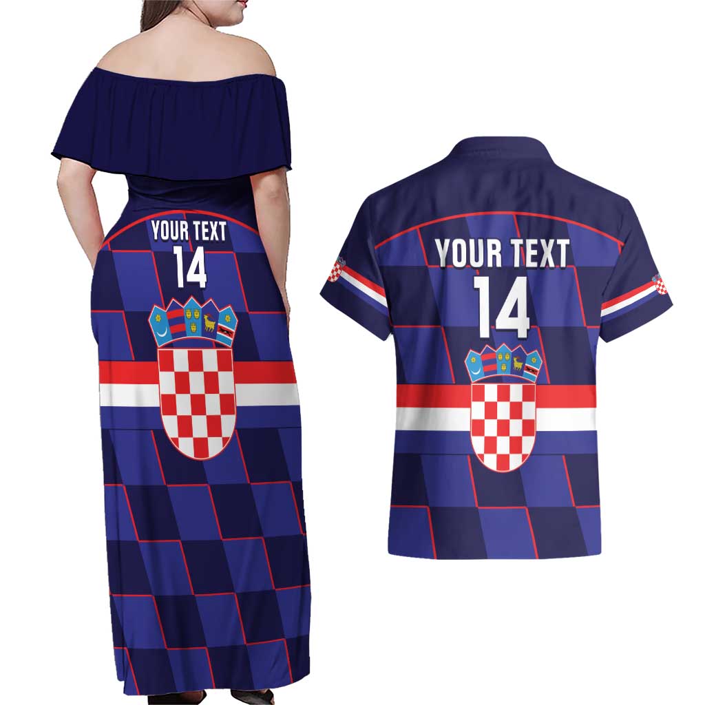 Custom Croatia Football Couples Matching Off Shoulder Maxi Dress and Hawaiian Shirt Come On Vatreni Checkerboard Style