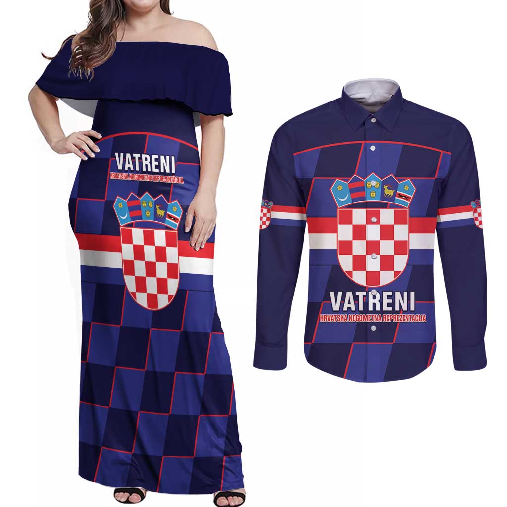 Custom Croatia Football Couples Matching Off Shoulder Maxi Dress and Long Sleeve Button Shirt Come On Vatreni Checkerboard Style