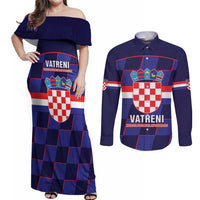 Custom Croatia Football Couples Matching Off Shoulder Maxi Dress and Long Sleeve Button Shirt Come On Vatreni Checkerboard Style