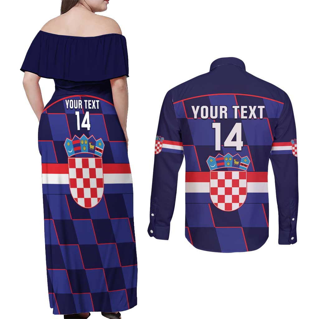 Custom Croatia Football Couples Matching Off Shoulder Maxi Dress and Long Sleeve Button Shirt Come On Vatreni Checkerboard Style