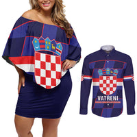 Custom Croatia Football Couples Matching Off Shoulder Short Dress and Long Sleeve Button Shirt Come On Vatreni Checkerboard Style