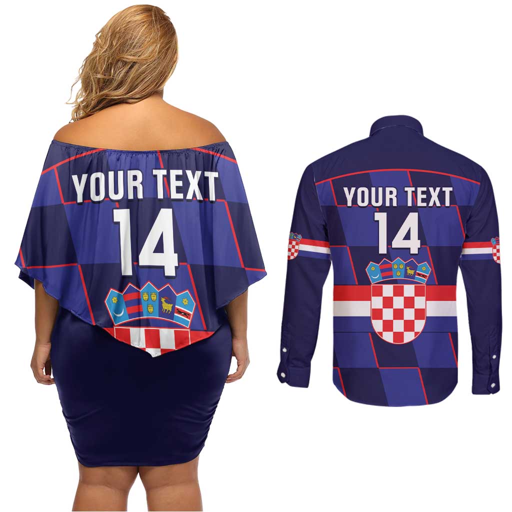 Custom Croatia Football Couples Matching Off Shoulder Short Dress and Long Sleeve Button Shirt Come On Vatreni Checkerboard Style